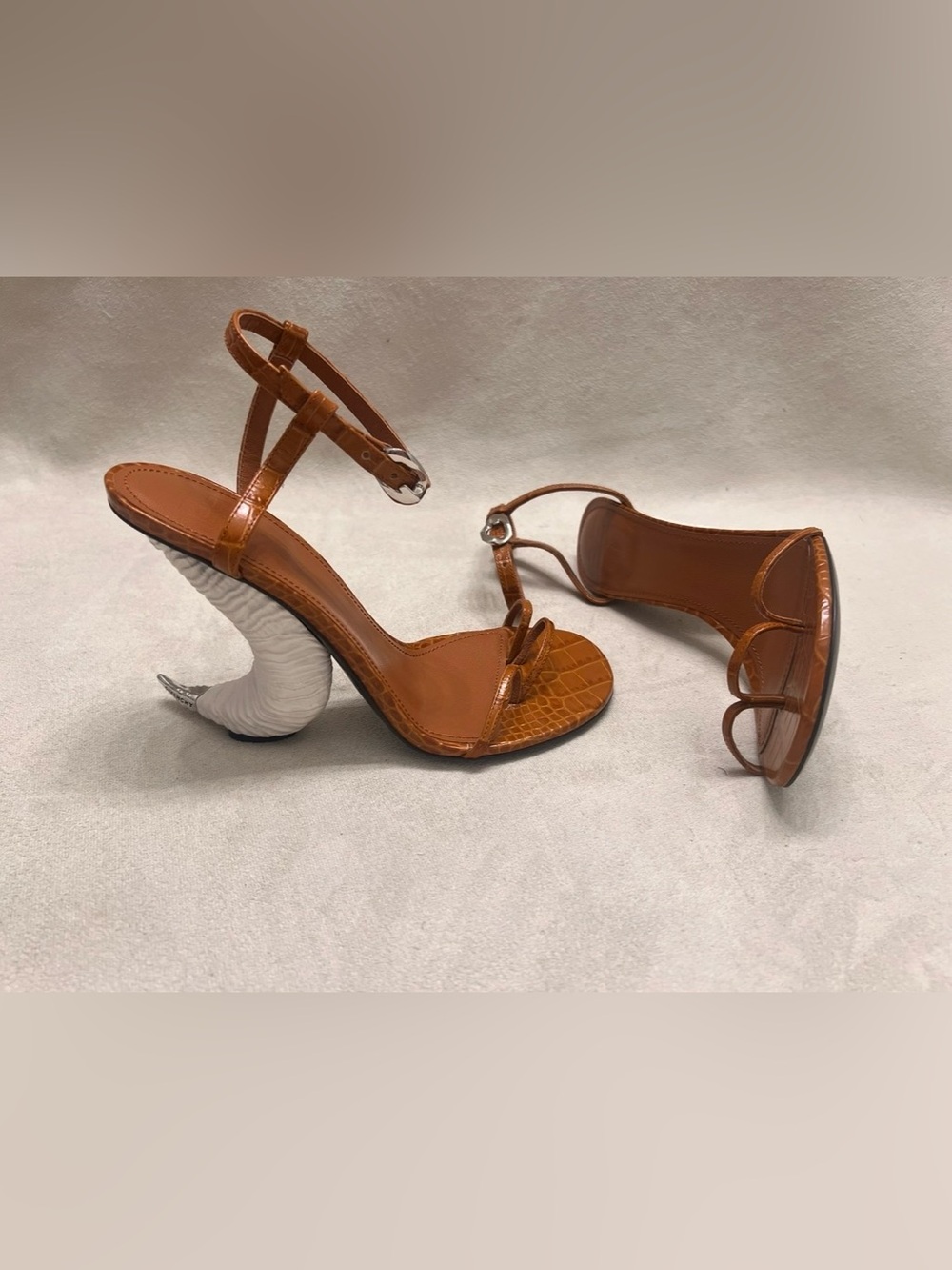 Givenchy Tan Croc-Effect Ankle-Strap Heels with Crocodile Embossed Horn Sandals - Picture 10 of 10